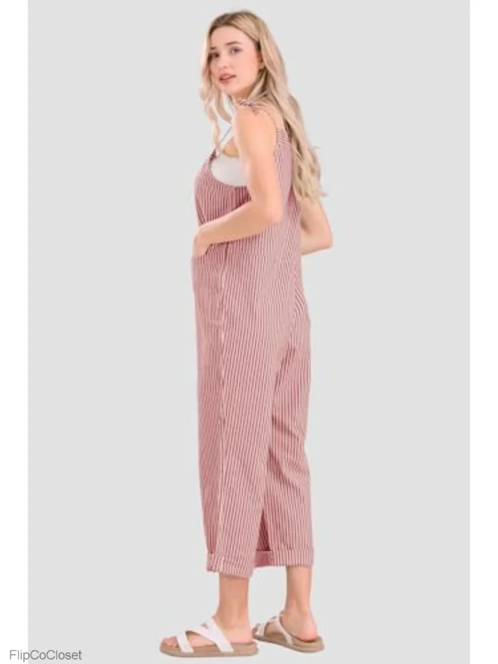 Women's Striped Overalls Loose Fit Cotton Linen Bib Pants